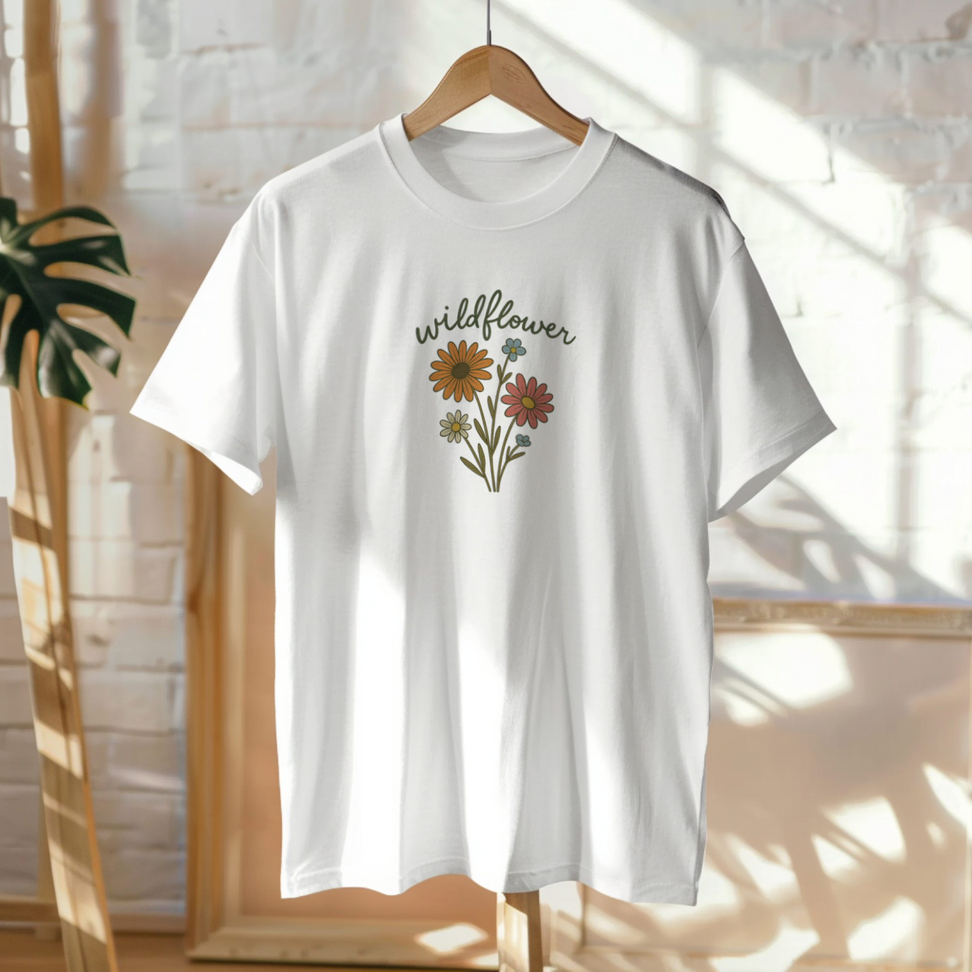 White t-shirt with 'wildflower' design on a wooden hanger against a light background