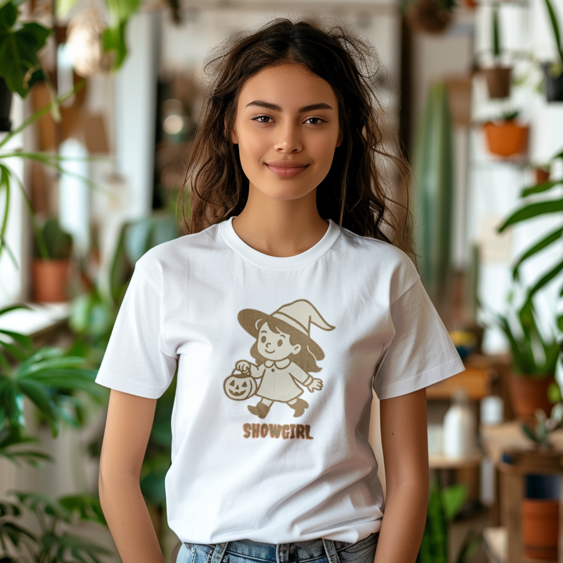 Woman wearing a white t-shirt with a graphic design of a showgirl holding a pumpkin, standing in a room with plants.