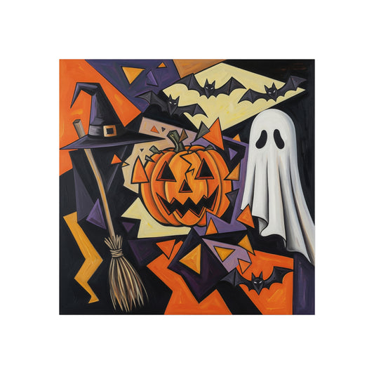 Cubist Halloween Fine Art Poster – Abstract Jack-O’-Lantern, Ghost & Witch Hat Wall Décor