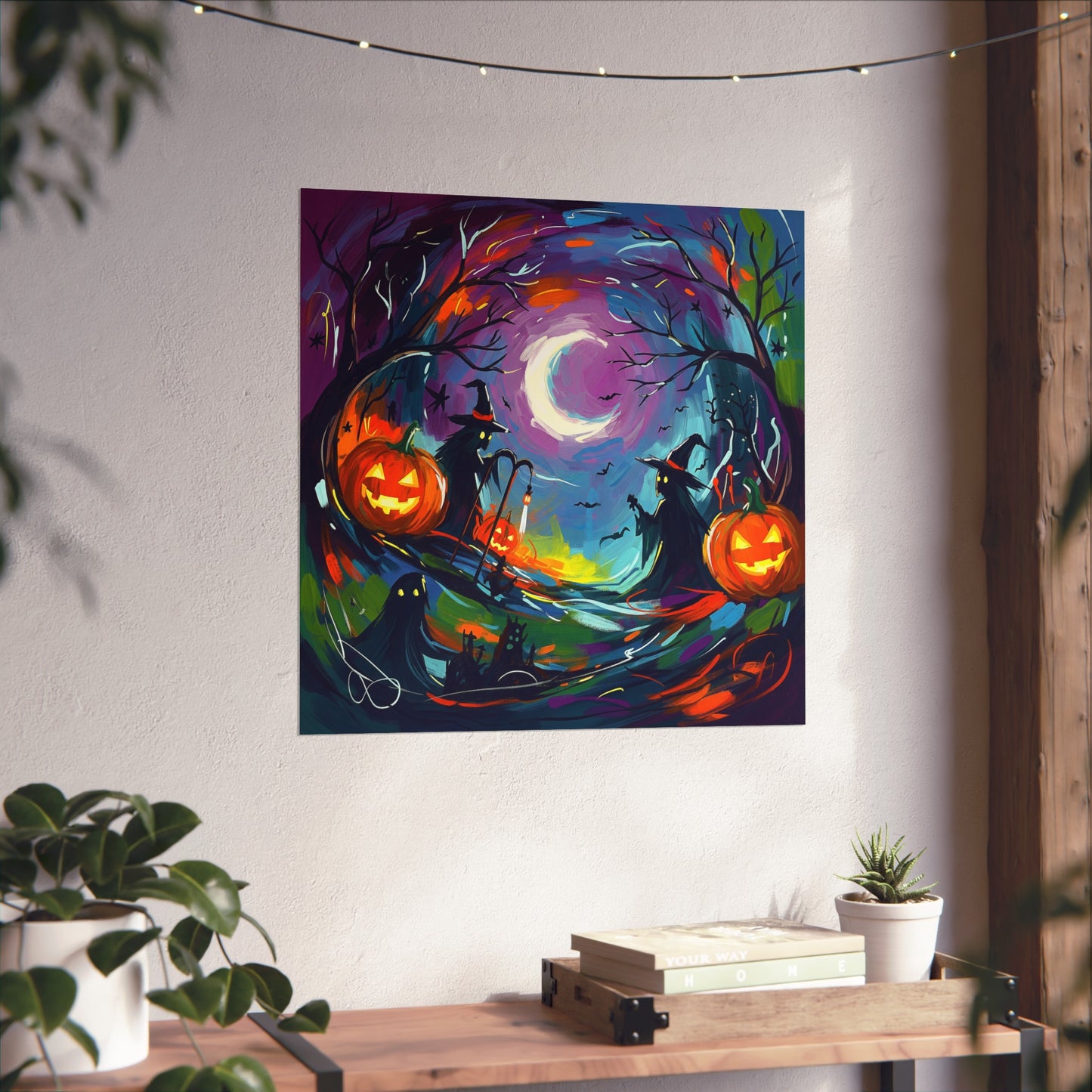 Halloween Abstract Fine Art Poster – Colorful Witch, Ghost & Pumpkin Wall Décor in Painterly Style