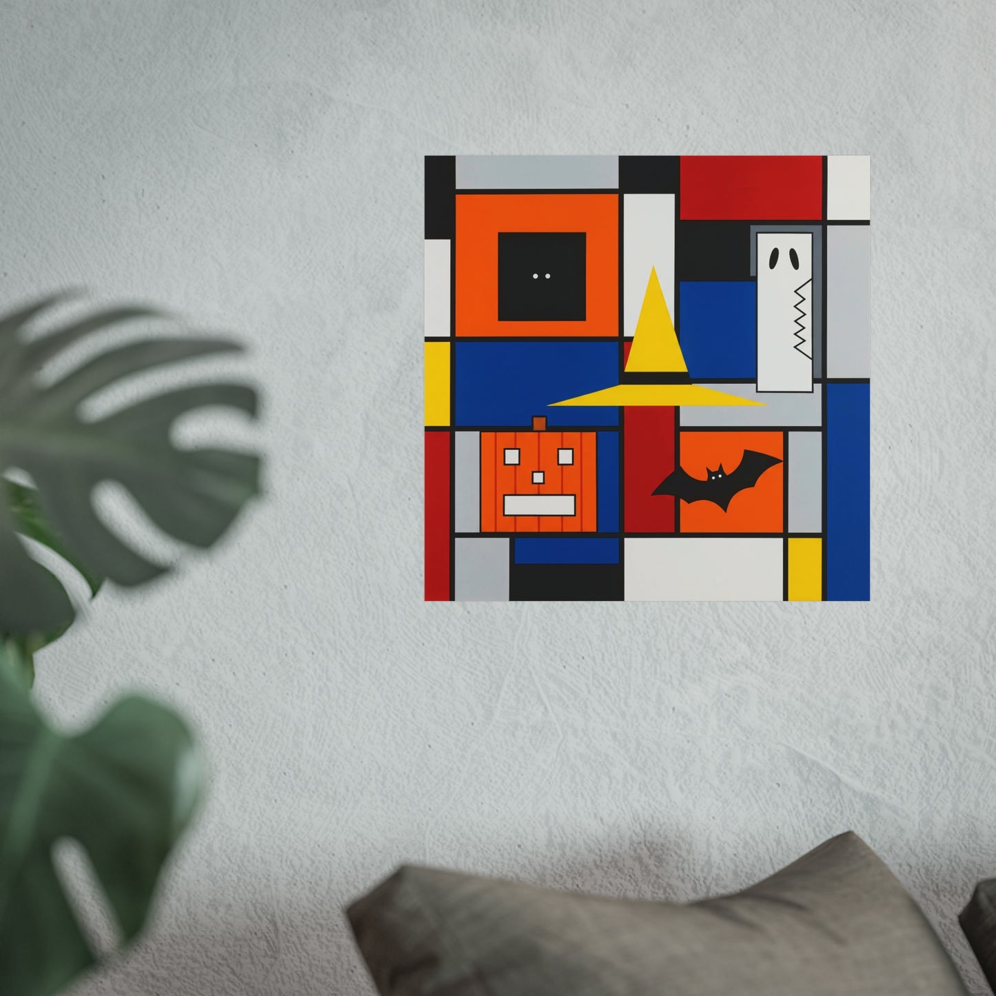 Modern Halloween Abstract Fine Art Print – Geometric Pumpkin, Witch Hat, Bat & Ghost Wall Art Poster, Contemporary Autumn Decor
