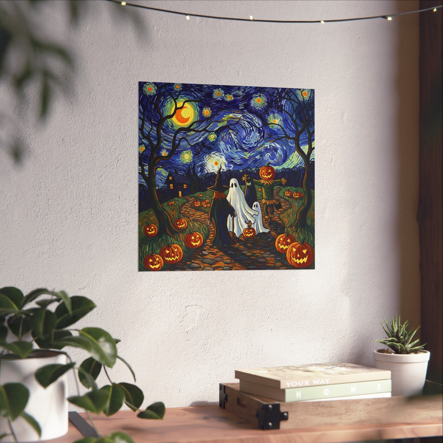 Halloween Trick-or-Treat Fine Art Poster – Post-Impressionist Witches, Ghosts & Pumpkin Lantern Wall Art