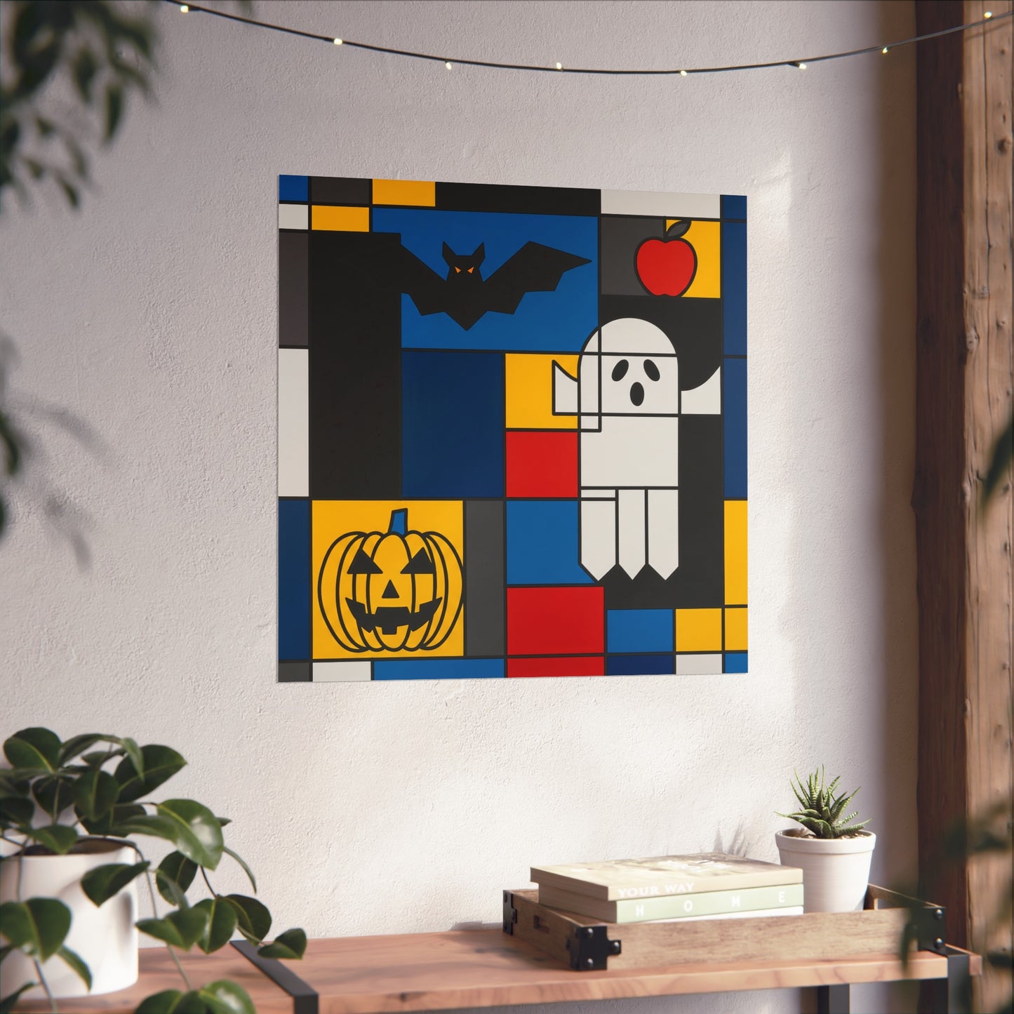 Modern Halloween Abstract Fine Art Print – Geometric Ghost, Bat & Pumpkin Wall Art Poster, Mondrian Style Contemporary Decor