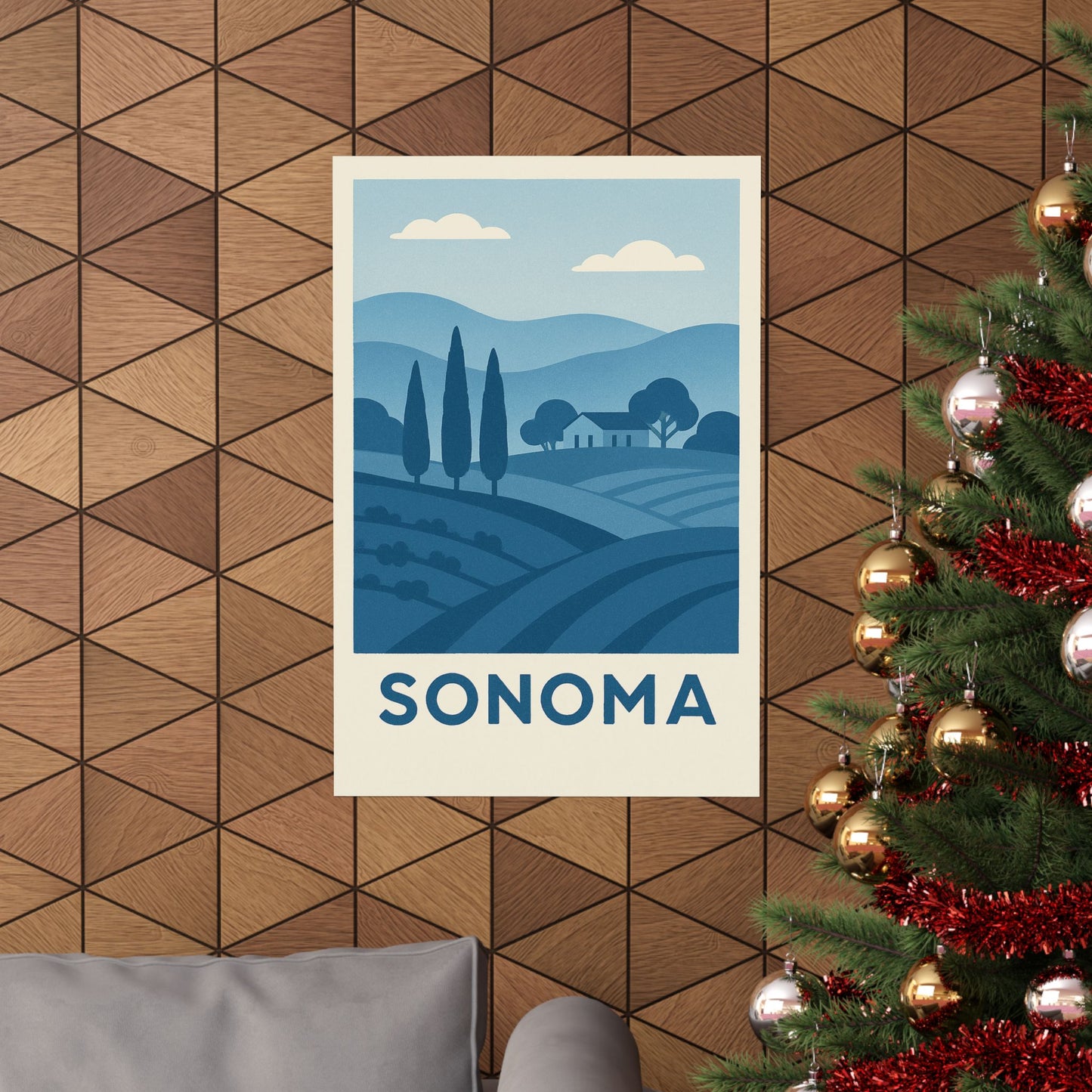 Sonoma Poster – Blue Tones - Retro Wine Country Wall Art, California Vineyard Landscape Print, Minimalist Travel Decor