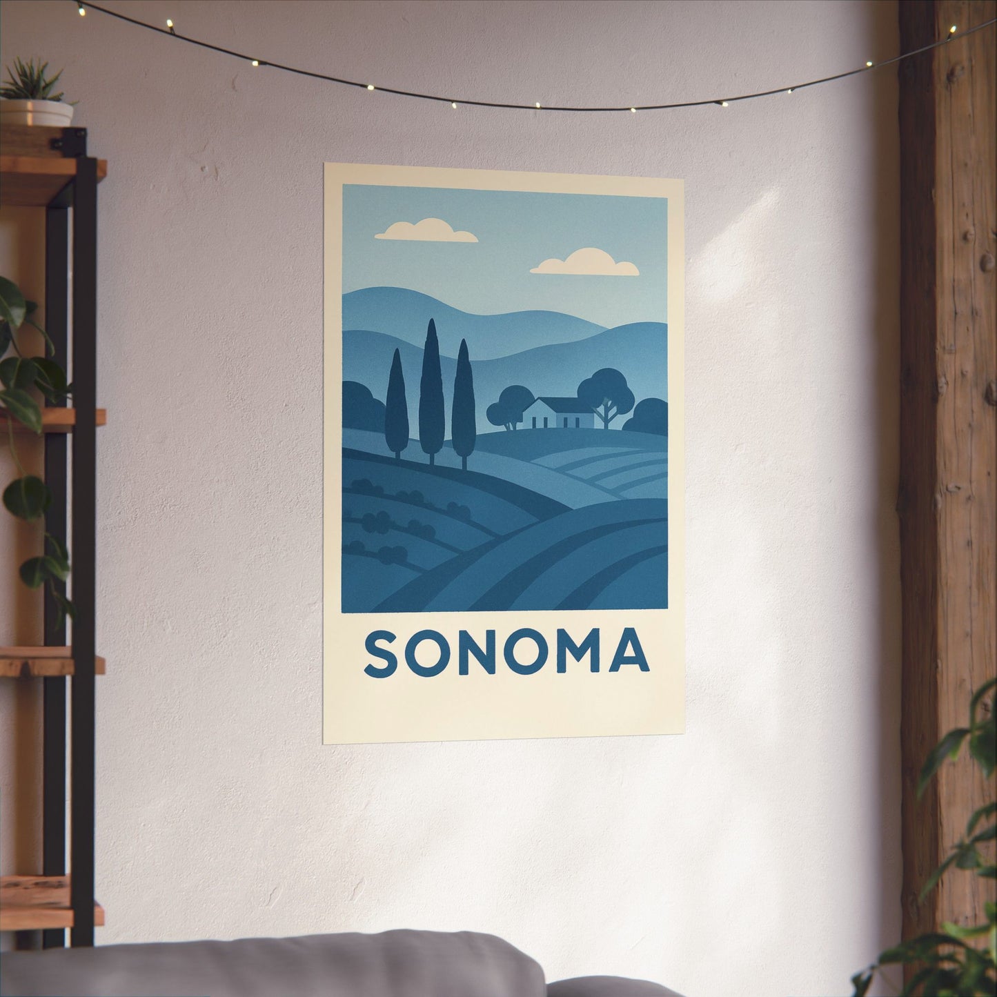 Sonoma Poster – Blue Tones - Retro Wine Country Wall Art, California Vineyard Landscape Print, Minimalist Travel Decor