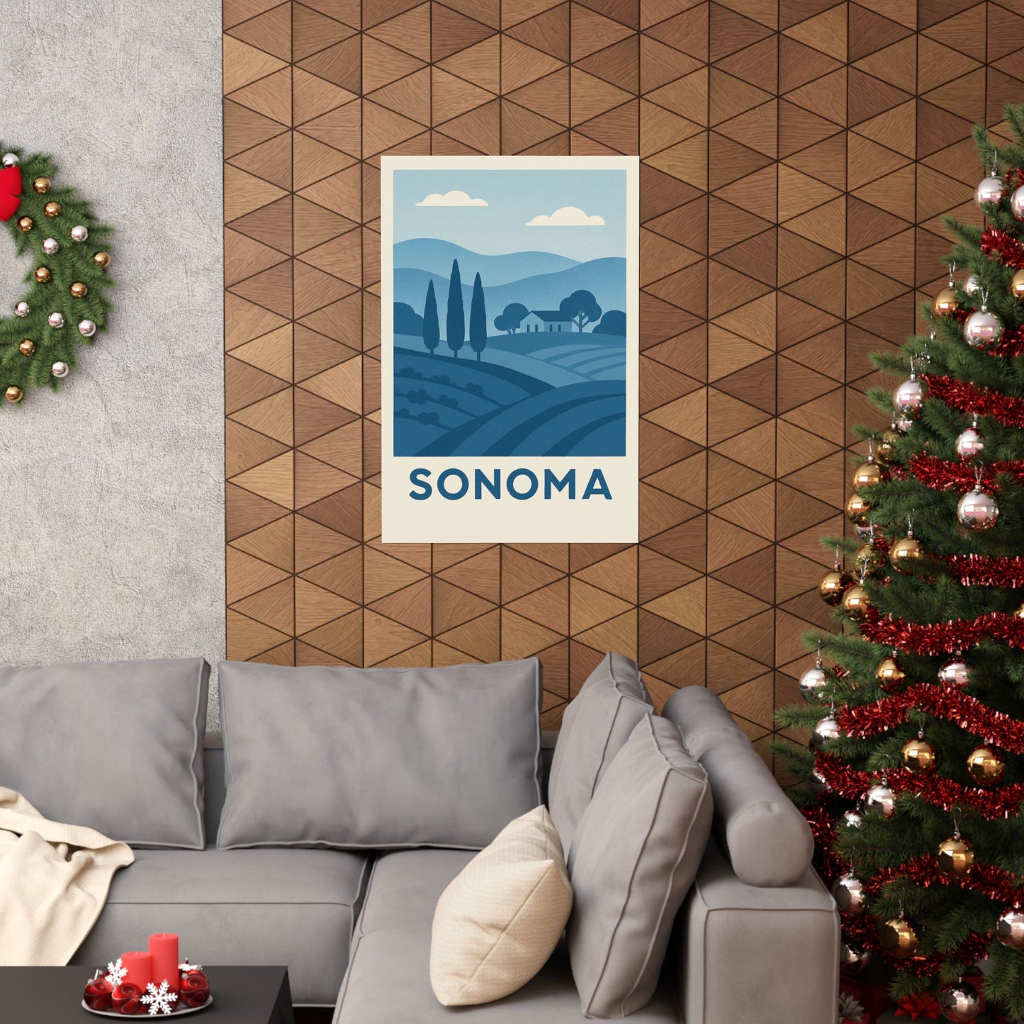 Sonoma Poster – Blue Tones - Retro Wine Country Wall Art, California Vineyard Landscape Print, Minimalist Travel Decor