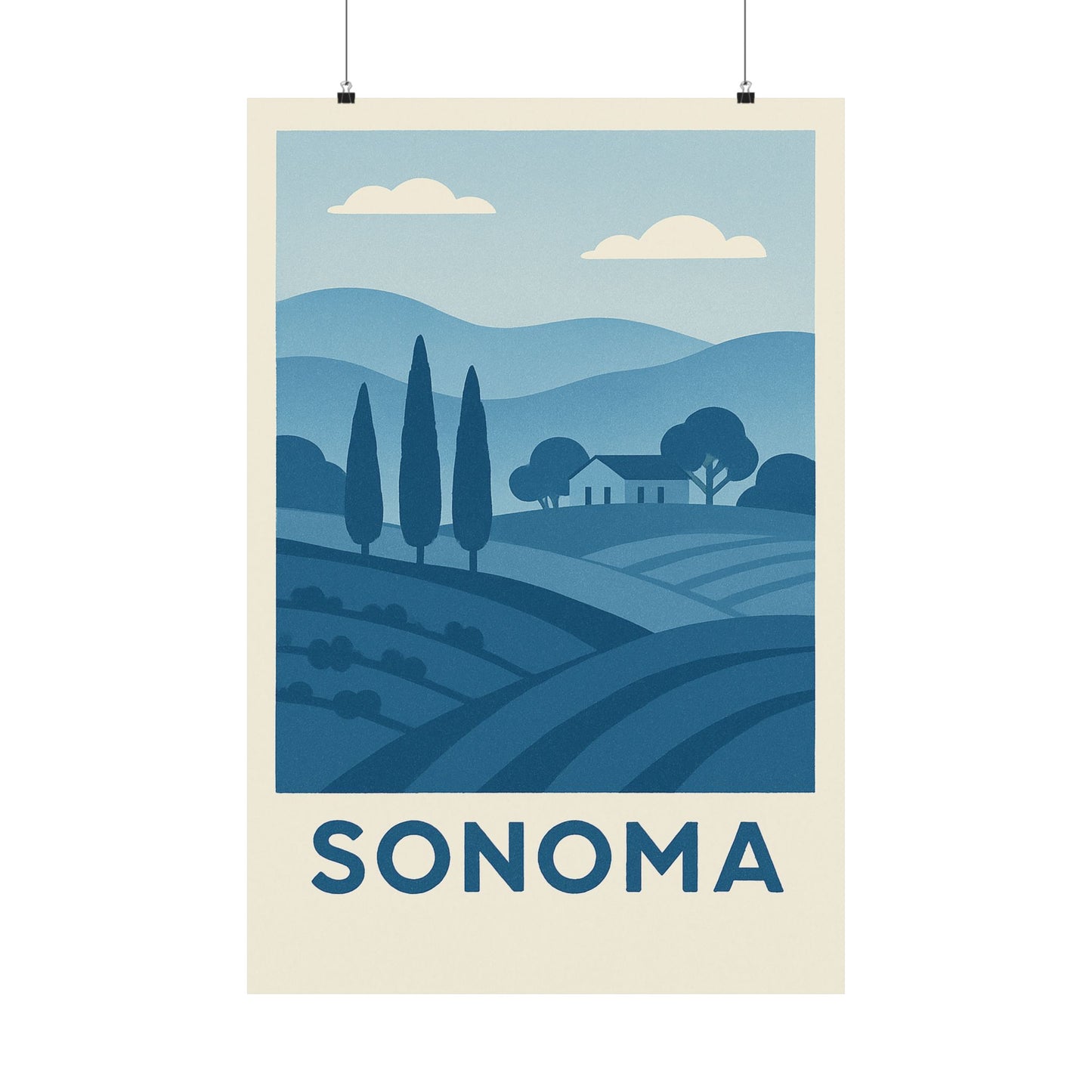 Sonoma Poster – Blue Tones - Retro Wine Country Wall Art, California Vineyard Landscape Print, Minimalist Travel Decor